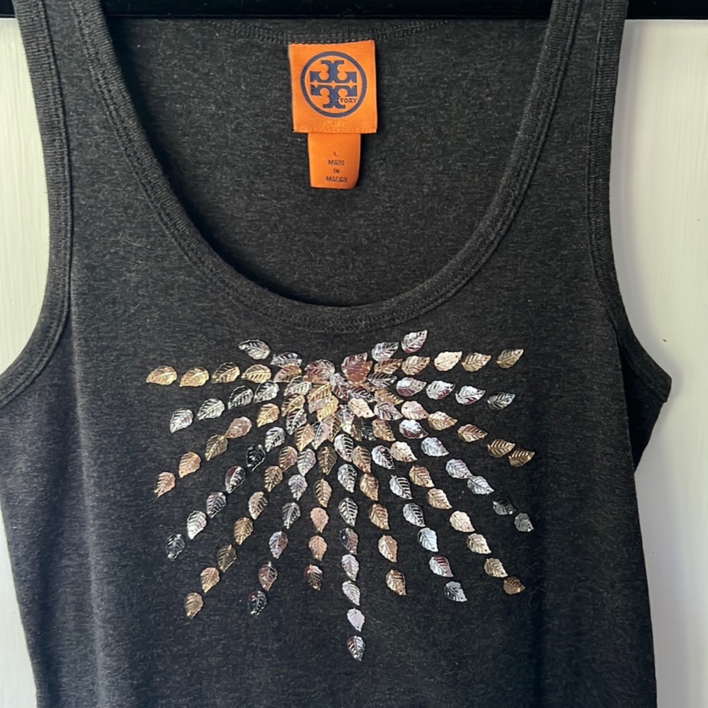 Tory Burch gray women’s tank top L with silver and gold leaf appliques
